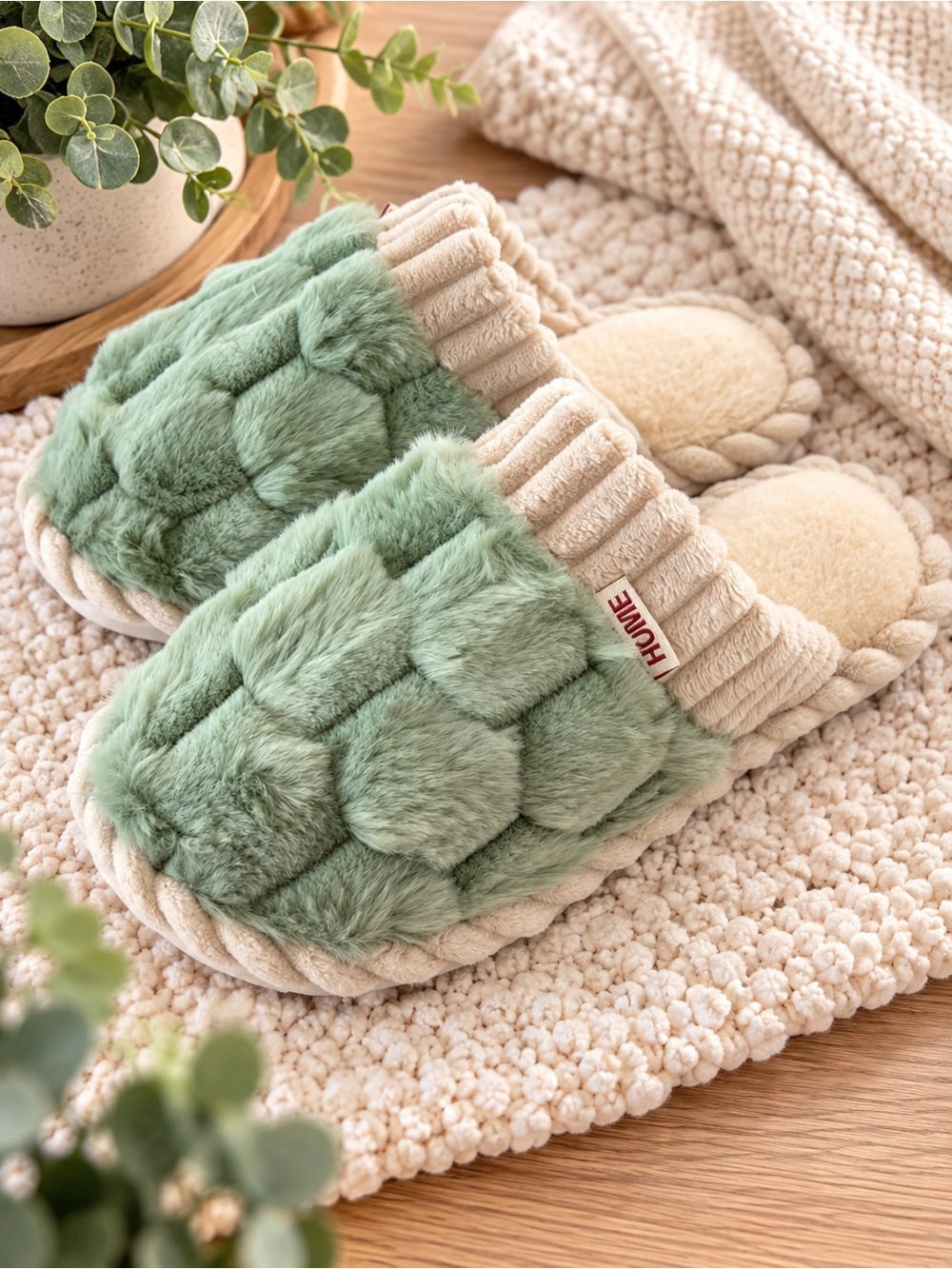 Cozy Plush Sage Green Checkered Slippers • Size 9.5-10.5